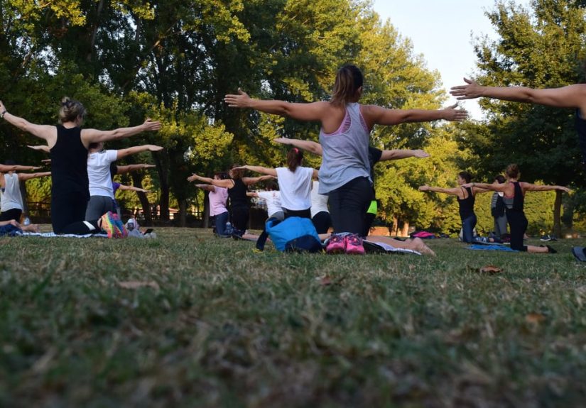 Group of adults practicing yoga outdoors in a park surrounded by trees.